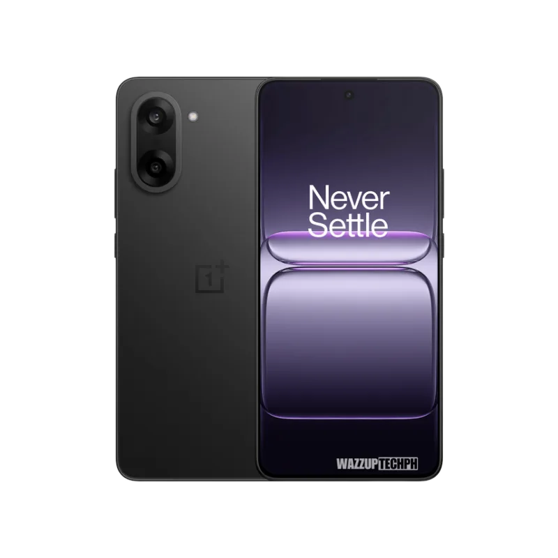 OnePlus Nord CE5 5G A sleek black OnePlus Nord CE5 5G smartphone is shown, displaying the "Never Settle" tagline on its screen.