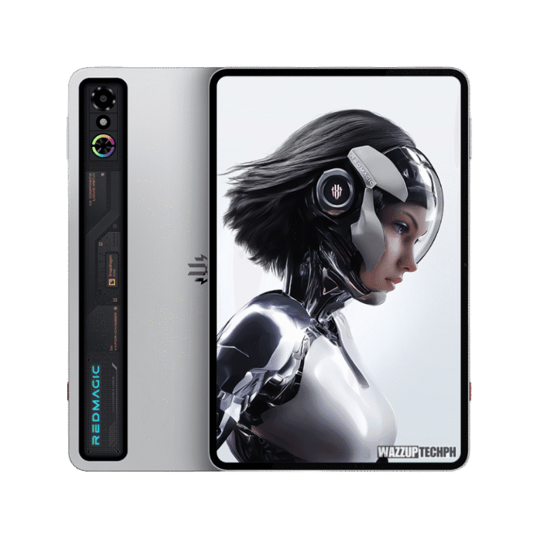 A rendering of the RedMagic Astra, a foldable phone concept. The device is closed, displaying a side panel with RedMagic branding and specifications, and the main screen features a stylized image of a female cyborg.
