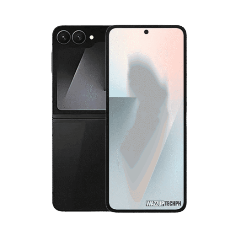 A black Samsung Galaxy Z Flip 7 FE smartphone shown closed and open, showcasing its foldable design and triple rear camera.