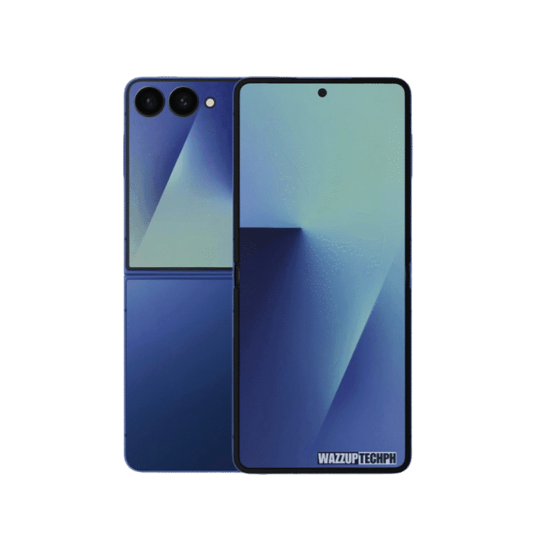 A blue Samsung Galaxy Z Flip 7 smartphone shown closed and open, highlighting its foldable design and dual rear cameras.