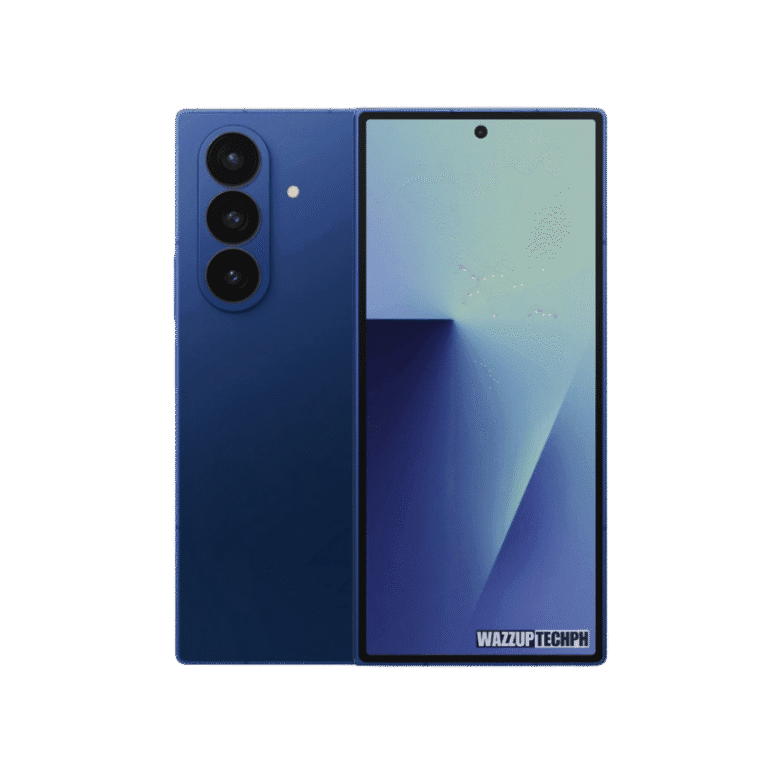 A dark blue Samsung Galaxy Z Fold 7 smartphone is shown both closed and open. The closed view highlights the triple-lens camera system. The open view showcases the large, vibrant inner display. The "WAZZUPTECHPH" watermark is visible at the bottom of the open phone screen.