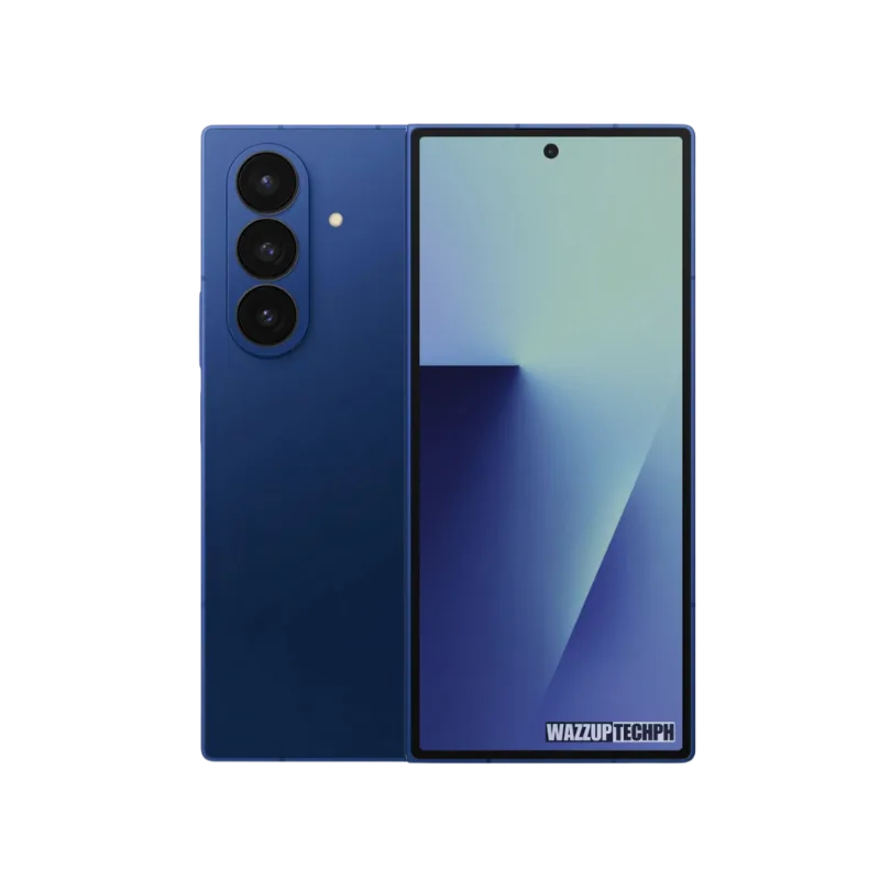 Samsung Galaxy Z Fold 7 A dark blue Samsung Galaxy Z Fold 7 smartphone is shown both closed and open. The closed view highlights the triple-lens camera system. The open view showcases the large, vibrant inner display. The "WAZZUPTECHPH" watermark is visible at the bottom of the open phone screen.