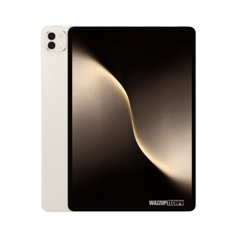 A sleek, light beige Honor MagicPad 3 tablet is displayed against a black background. The tablet's screen shows an abstract design.