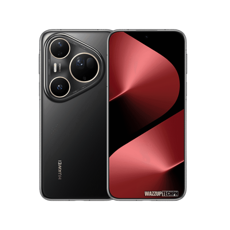 A sleek black and red Huawei Pura 80 Ultra smartphone is displayed. The back shows a circular camera array, while the front showcases a curved screen design.