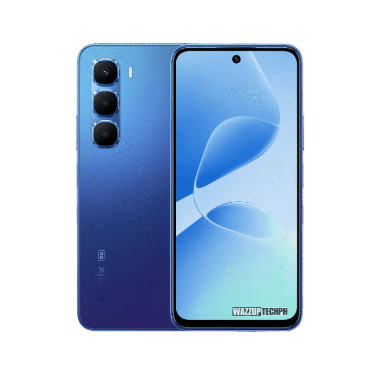 Infinix Hot 60 5G+ smartphone in blue, showing both the front and back of the device. The back displays the triple camera system and Infinix branding.