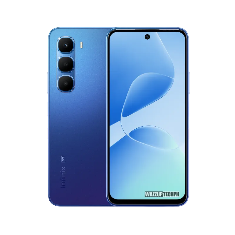 Infinix Hot 60 5G+ smartphone in blue, showing both the front and back of the device. The back displays the triple camera system and Infinix branding.
