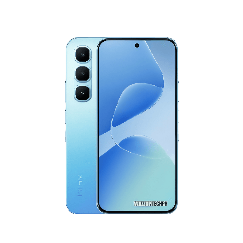 Infinix Hot 60 Pro A light blue Infinix Hot 60 Pro smartphone is shown, featuring a triple-lens rear camera and a curved gradient design on the screen.