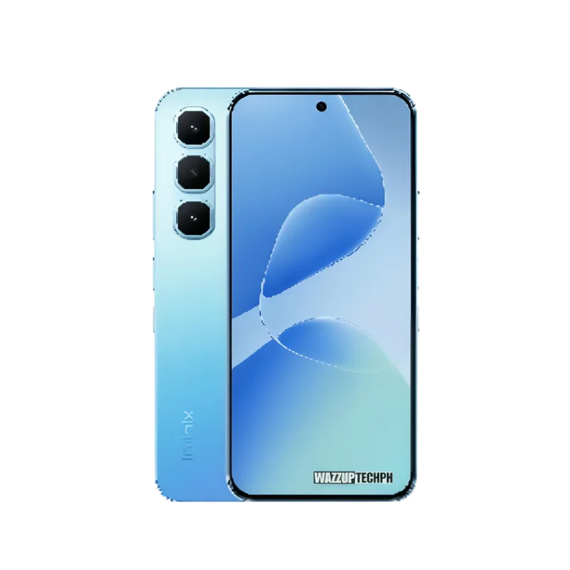 A light blue Infinix Hot 60 Pro smartphone is shown, featuring a triple-lens rear camera and a curved gradient design on the screen.