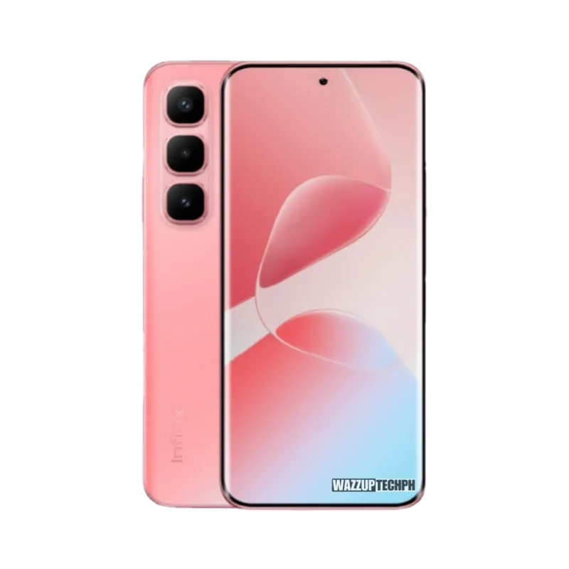 Infinix Hot 60 Pro+ A pink Infinix Hot 60 Pro+ smartphone is shown, showcasing its triple rear camera and curved screen design.