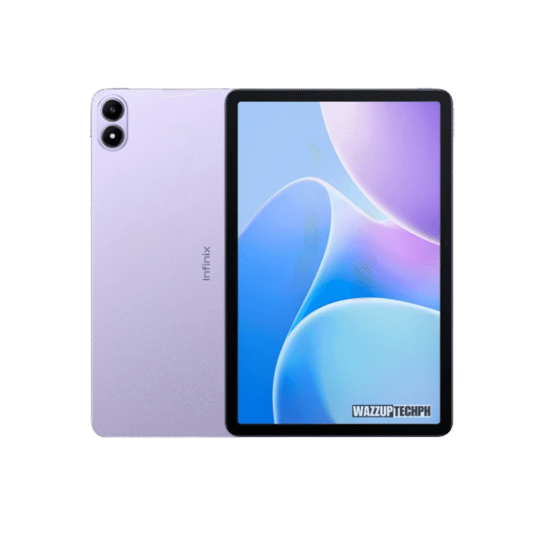 A lavender Infinix Xpad 20 LTE tablet is shown in a product shot, displaying its front and back.