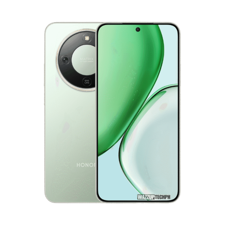 A light green Honor X70 5G smartphone is shown, showcasing its circular camera module and large display.