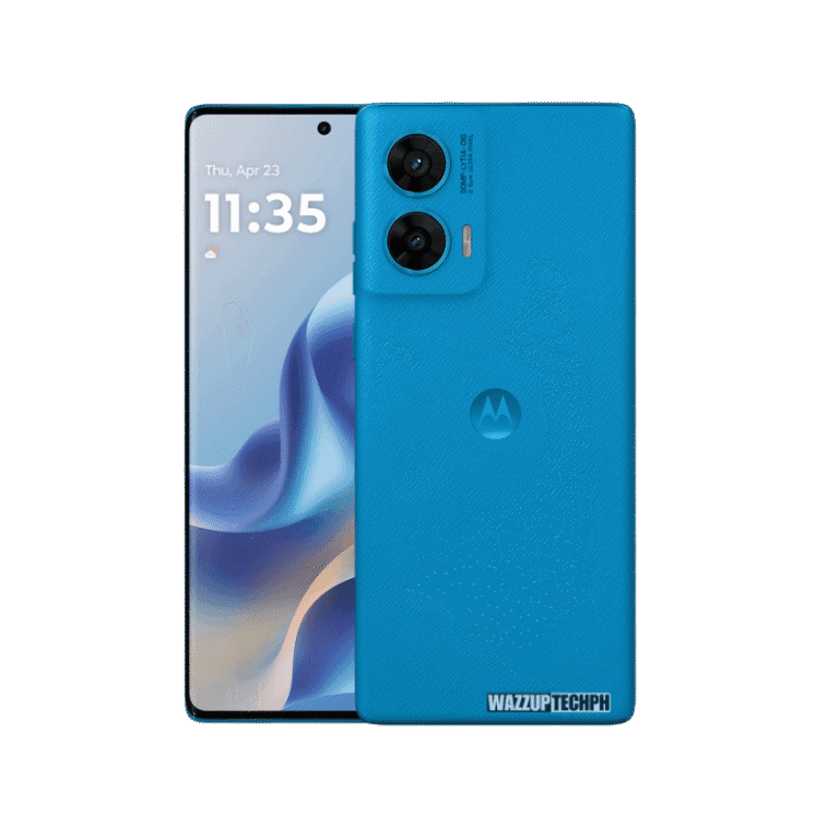 A blue Motorola G96 smartphone is shown, displaying the time 11:35 on its screen. The back of the phone features a dual-camera setup and the Motorola logo.