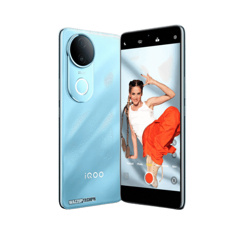 A light blue iQOO Z10R 5G smartphone is displayed, with its screen showing a woman dancing, highlighting the phone's camera features. The phone's back is also visible, showing its camera module.