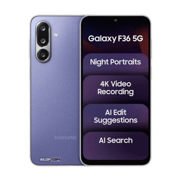 A lavender purple Samsung Galaxy F36 5G smartphone is shown, front and back. The screen displays icons for Night Portraits, 4K Video Recording, AI Edit Suggestions, and AI Search.