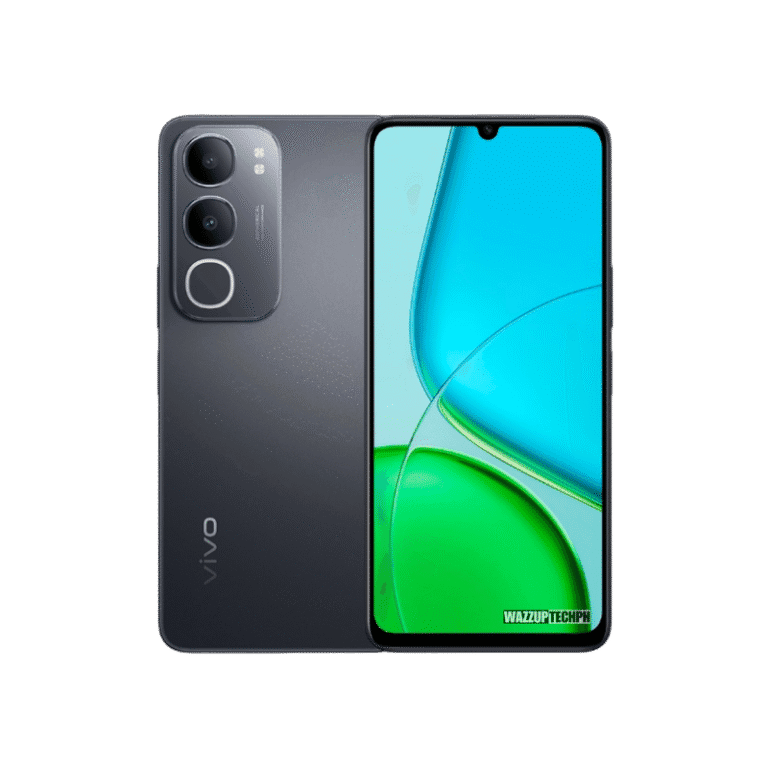 A sleek dark gray Vivo Y50 5G smartphone is shown, showcasing both the front and back. The back displays a triple-lens camera system, while the front features a vibrant, abstract teal and green screen.
