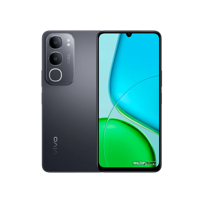 Vivo Y50 5G A sleek dark gray Vivo Y50 5G smartphone is shown, showcasing both the front and back. The back displays a triple-lens camera system, while the front features a vibrant, abstract teal and green screen.