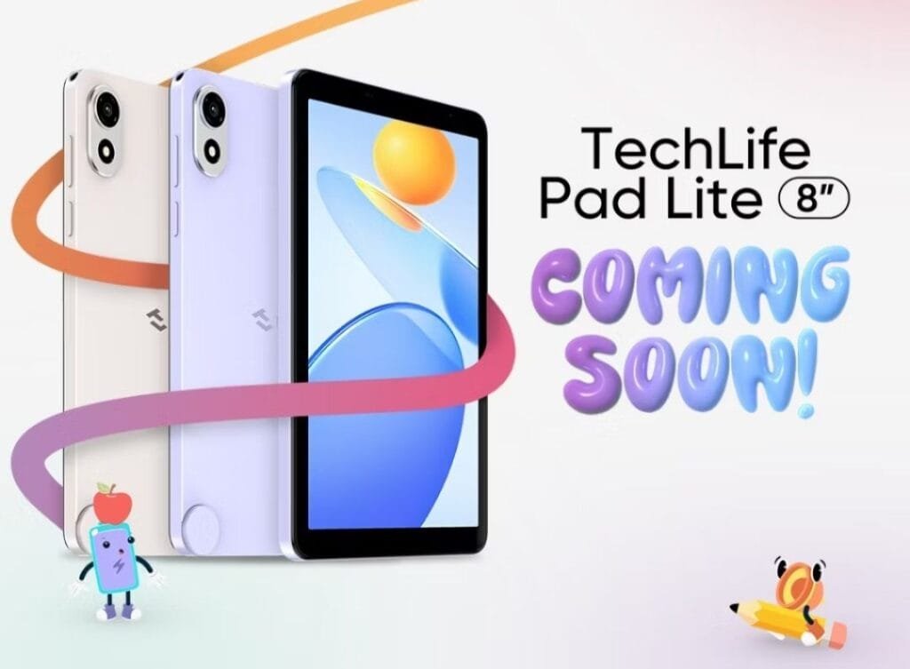 TechLife Pad Lite 8 | Affordable Tablet for Education and Entertainment Product image showing the TechLife Pad Lite 8 tablet in lilac and white, with playful cartoon characters. Text reads 'Coming Soon!