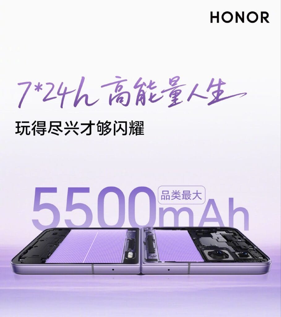 Promotional image for the Honor Magic V Flip 2, emphasizing its 5500mAh battery capacity, with the phone displayed open and the Honor logo at the top. The image also includes Chinese text promoting a high-energy lifestyle.