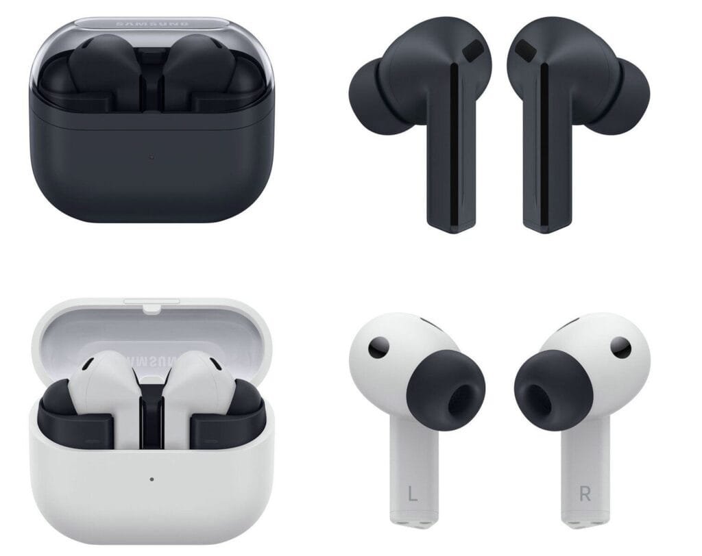 Samsung Galaxy Buds 3 FE in black and white, with charging cases.