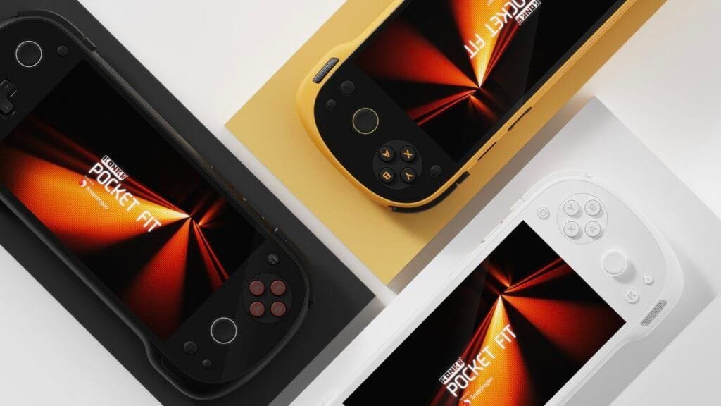 Close-up of three Konkr Pocket Fit handheld gaming consoles in Phantom Black, Dragon Yellow, and Snow White, arranged diagonally on a white surface.