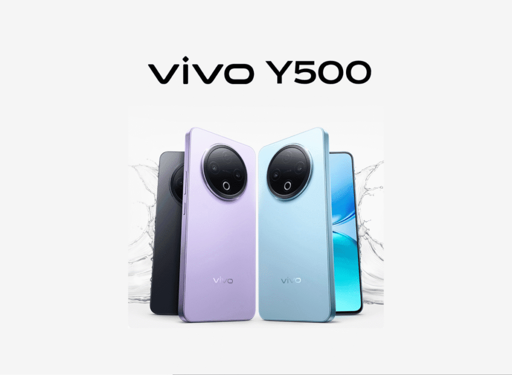 Promotional shot of the Vivo Y500 showcasing its circular camera module and color variants: black, purple, and light blue, with a splash of water effect.