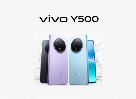 Vivo Y500 | 8200mAh Battery, IP69+ Rating, and SGS Gold Label 5-Star Certification Promotional shot of the Vivo Y500 showcasing its circular camera module and color variants: black, purple, and light blue, with a splash of water effect.