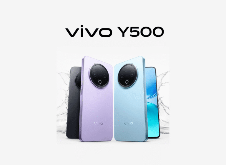 Promotional shot of the Vivo Y500 showcasing its circular camera module and color variants: black, purple, and light blue, with a splash of water effect.