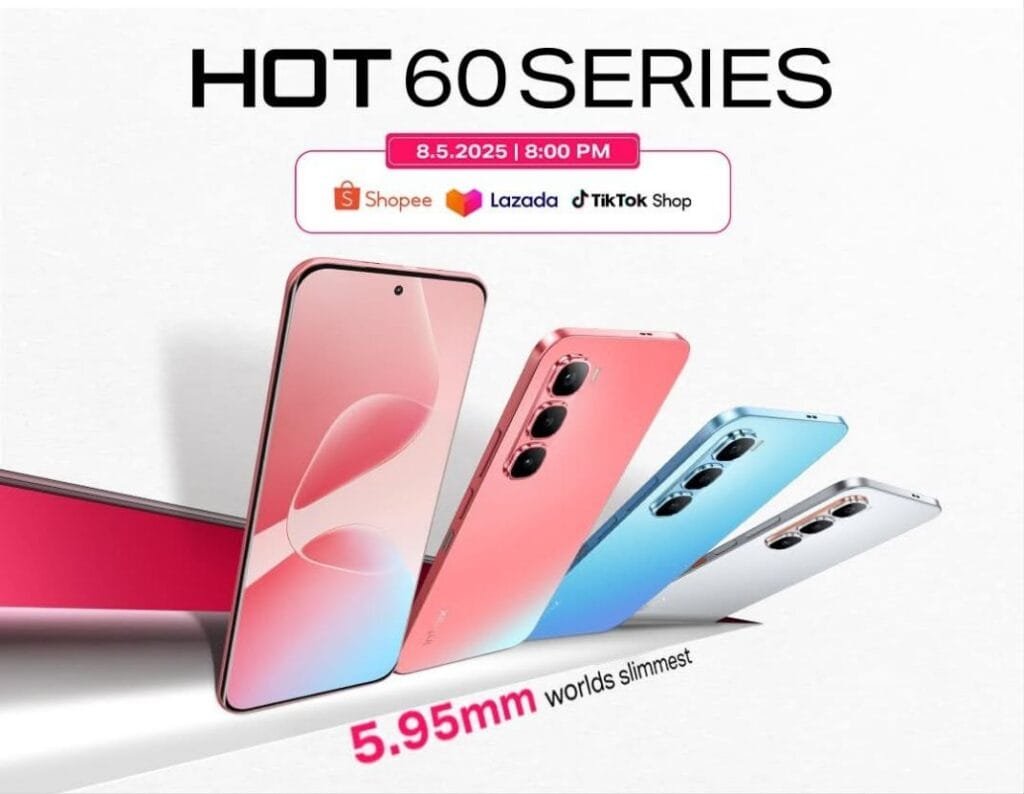 Infinix Hot 60 Pro and Hot 60 Pro+ Launched in the Philippines Infinix Hot 60 Series phones in pink, light blue, and silver, showcasing their slim 5.95mm profile. The image highlights availability on Shopee, Lazada, and TikTok Shop, with a launch date of August 5th, 2025, at 8:00 PM.