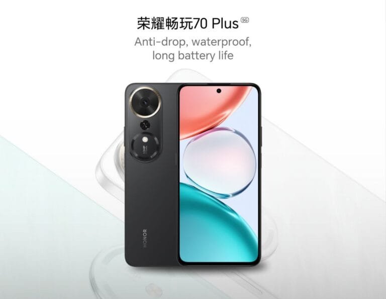 HONOR Play 70 Plus | Snapdragon 6s Gen 3 and Massive 7,000mAh Battery Close-up of the Honor Play 70 Plus smartphone, showcasing its dual-camera setup and sleek design. The screen displays a vibrant, colorful graphic.