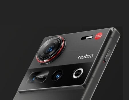 Close-up of the Nubia Z80 Ultra's camera module, featuring a prominent circular lens with red accents, "nubia" logo, and a periscope lens, set against a dark gray and black design.