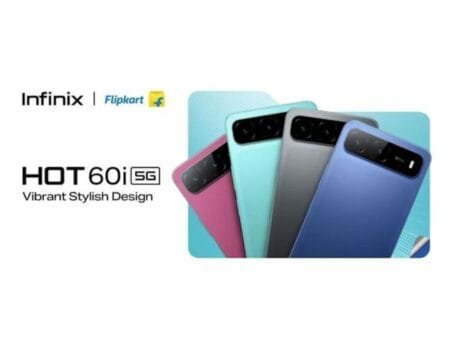 Image showcasing the Infinix Hot 60i 5G in multiple colors, with Infinix and Flipkart logos.