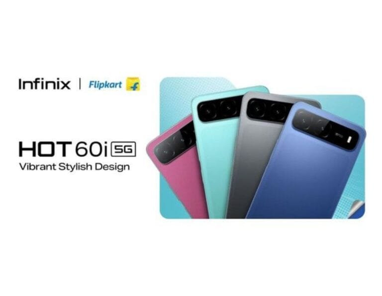 Infinix Hot 60i 5G | Dimensity 6400, IP64 Rating, and Massive 6000mAh Battery Image showcasing the Infinix Hot 60i 5G in multiple colors, with Infinix and Flipkart logos.
