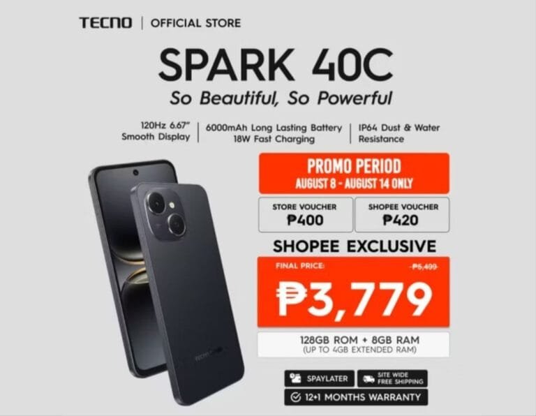 The image displays an advertisement for the Tecno Spark 40c smartphone from the Tecno Official Store. The phone is showcased with the tagline "So Beautiful, So Powerful." Key features highlighted include a 120Hz 6.67" smooth display, a 6000mAh long-lasting battery with 18W fast charging, and IP64 dust and water resistance.