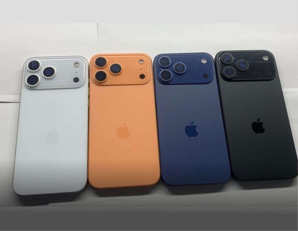iPhone 17 Pro | New A19 Pro Chip, and Triple 48MP Cameras A lineup of iPhone 17 Pro dummy models in various colors, including white, orange, blue, and black. The image highlights the distinctive horizontal camera arrangement on the rear.
