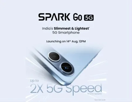 Tecno Spark Go 5G: The Slimmest and Lightest 5G Smartphone in India Advertisement for the Tecno Spark Go 5G smartphone, highlighting its slim and lightweight design and 5G capabilities. Launching August 14th.