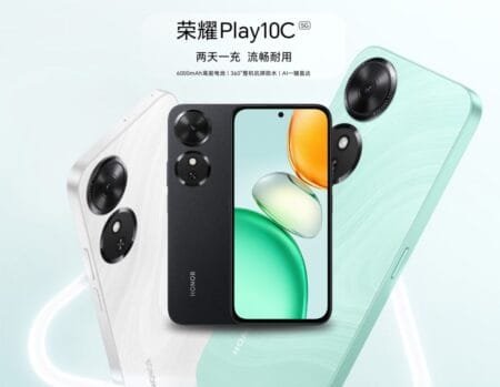 Close-up of three Honor Play 10c smartphones showcasing the camera module and color variations.