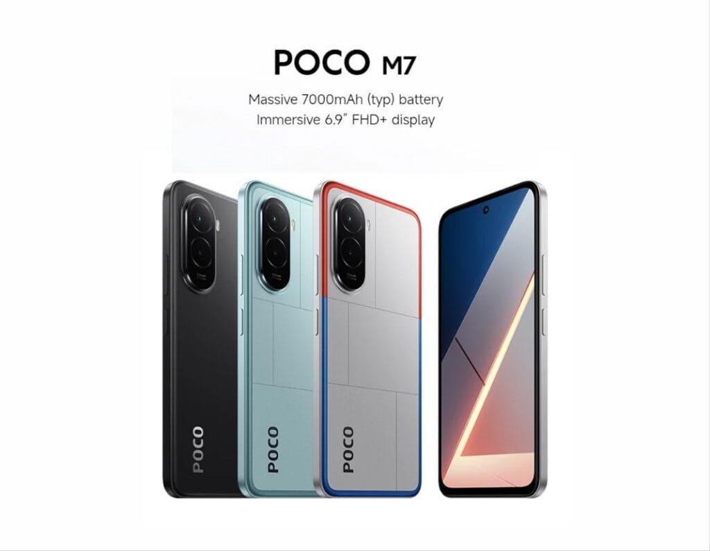 Poco M7 4G | 144Hz Refresh Rate, Snapdragon 685, and Massive 7,000mAh Battery Three POCO M7 4G phones (black, blue, white) next to a front view showing the display.