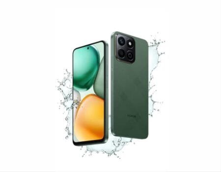 Product shot of the Honor X7c 5G. The phone has a green finish, a multi-camera setup on the back, and a vibrant display on the front, all surrounded by a splash of water.