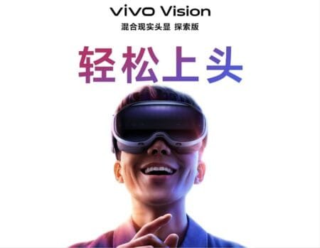Vivo Vision Unveiled | Mixed Reality Glasses Promotional image of a person smiling and wearing Vivo Vision mixed reality glasses, with the Vivo logo and Chinese text above.