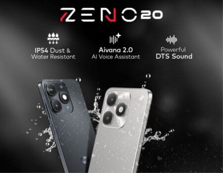 Promotional image for iTel Zeno 20 highlighting IP54 dust/water resistance, Aivana 2.0 AI, and DTS Sound.