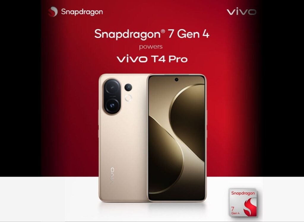 Image of the Vivo T4 Pro in a gold color, showcasing the rear camera setup and front display, powered by Snapdragon 7 Gen 4.