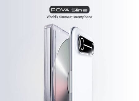 Image of Tecno Pova Slim 5G, showcasing its slim design and camera module.