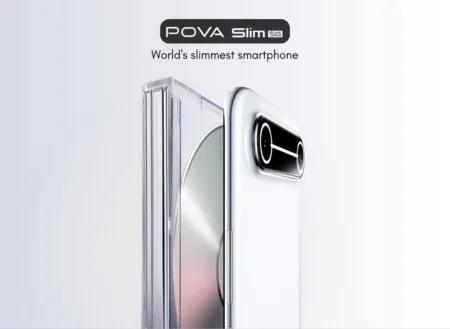 Tecno Pova Slim 5G | World’s Slimmest Smartphone with Curved Display Image of Tecno Pova Slim 5G, showcasing its slim design and camera module.