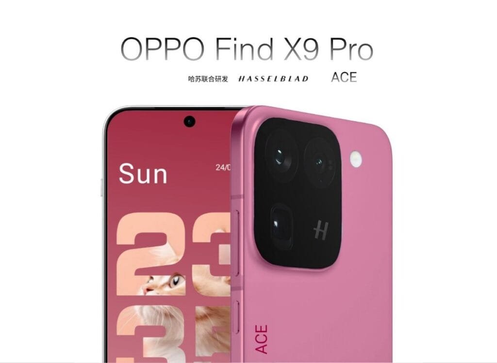 Promotional image of the OPPO Find X9 Pro, highlighting its camera design and pink color.