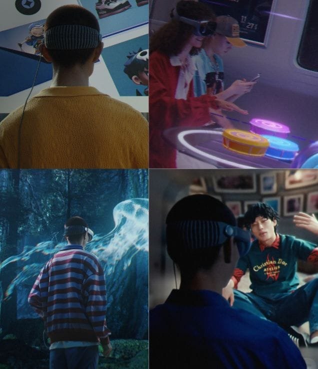 Four-panel image showing different people using Vivo Vision VR headsets in various virtual environments.