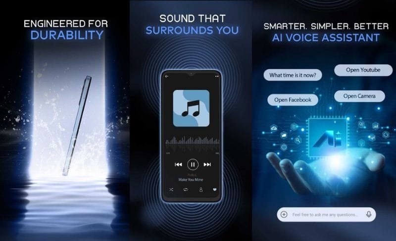 iTel Zeno 20 | 6.6" HD+ Display, Unisoc T7100, and 5,000mAh Battery 2 iTel Zeno 20 ad showcasing durability (phone in water), audio (music player interface), and AI voice assistant features.