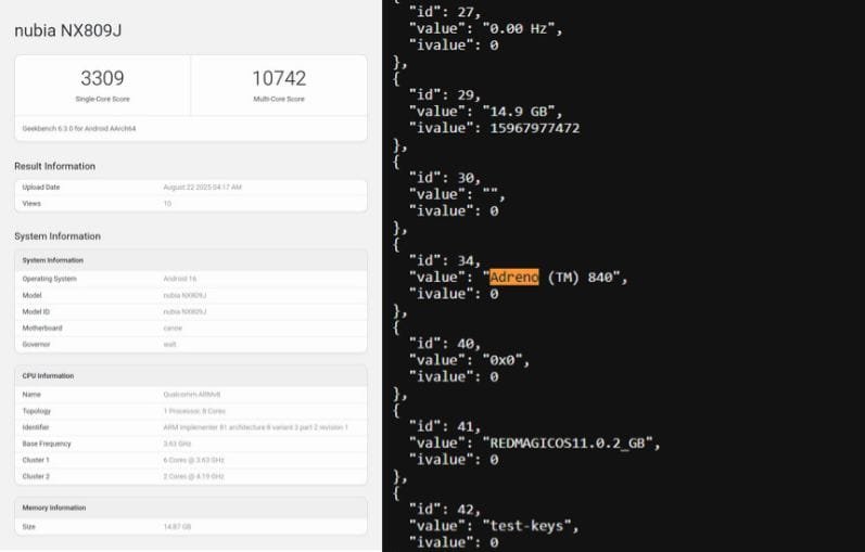 Redmagic 11 Pro Spotted on Geekbench with Snapdragon 8 Gen 5? 2 Screenshot of a Geekbench result for the nubia NX809J, showing single-core score of 3309 and multi-core score of 10742, with system information including Android 16, Adreno 840 GPU, and 14.9 GB RAM.