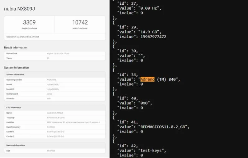 Redmagic 11 Pro Spotted on Geekbench with Snapdragon 8 Gen 5? 2 Screenshot of a Geekbench result for the nubia NX809J, showing single-core score of 3309 and multi-core score of 10742, with system information including Android 16, Adreno 840 GPU, and 14.9 GB RAM.