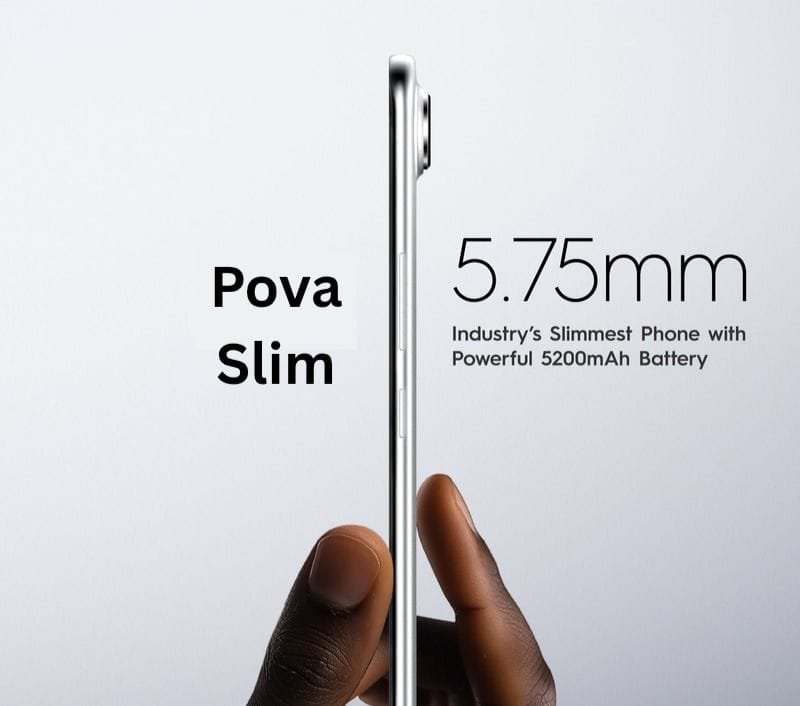 Side view of Tecno Pova Slim, highlighting its 5.75mm thickness and powerful 5200mAh battery.
