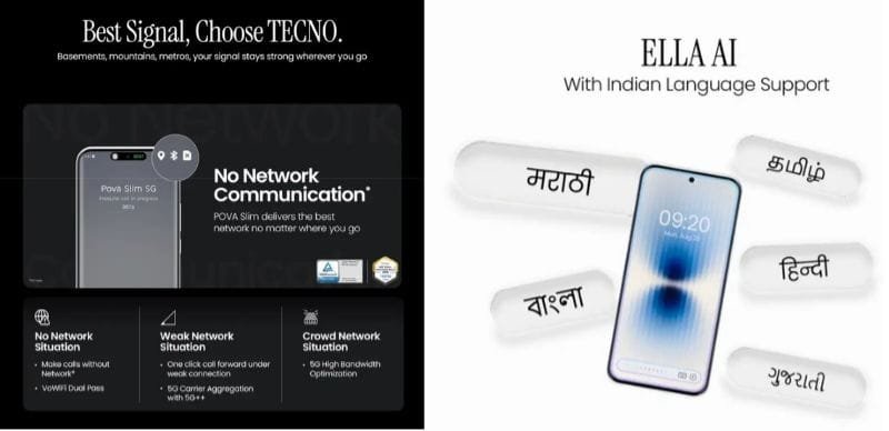 Tecno Pova Slim 5G: Showcasing features like "No Network Communication" and "Ella AI" with multiple Indian languages.